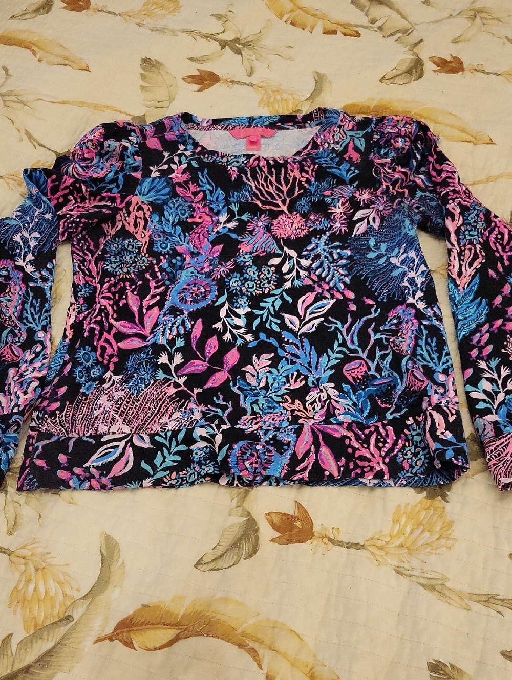 Lilly Pulitzer Black Long-Sleeve Top with Pink & Blue Coral Print